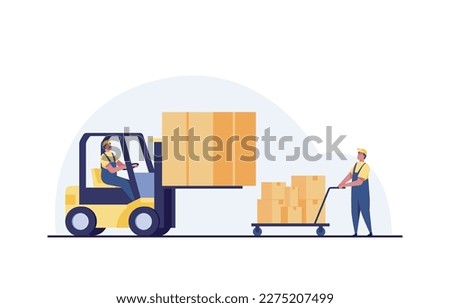 Forklift truck with man driving. Vector Illustration