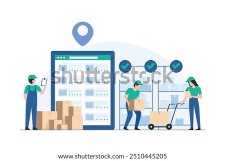 Workers Collaborating in Warehouse Environment. Inventory Specialist Using Tablet for Stock Check. Illustration