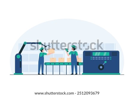 Warehouse Crew Operating Packaging Machine for Efficient Product Handling and Distribution. Automated Packaging, Manufacturing Process, Supply Chain Management. illustration