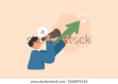 An illustration of a businessman looking through a telescope, focusing on a green upward arrow symbolizing growth and success. 