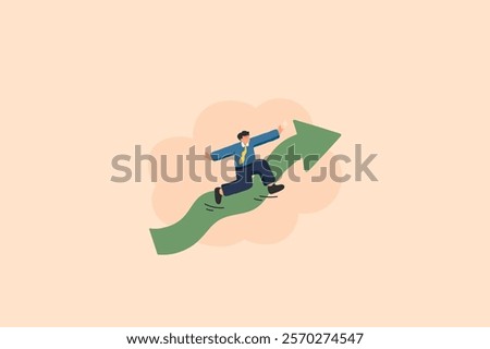 This illustration depicts a young businessman running on a rising green arrow, symbolizing financial growth or career advancement. The vibrant design emphasizes progress and success.