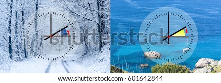 Representation of winter time vs. summer time, digits with minute hand and red second hand. Copy space in front of sky and cloud background. Stock fotó © 