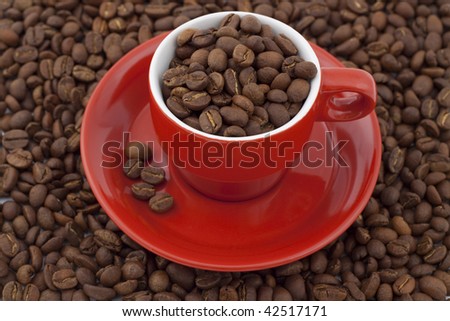 red cuffee cup full of coffee beans on a mountain of coffee beans
