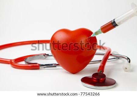blood drop while injecting red heart with syringe on white background
