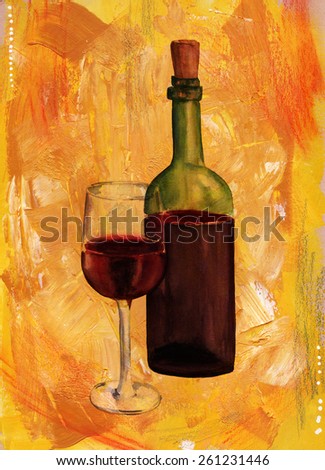 A painting of a bottle and a glass of red wine on an artistic golden background