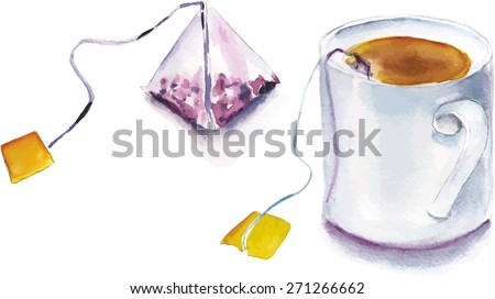 A watercolor tea bag and a tea cup, scalable vector drawing