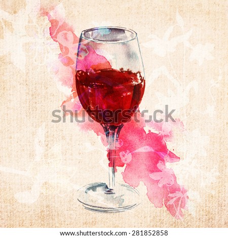 A watercolour drawing of a glass of red wine on old textured paper with abstract flowers silhouettes 
