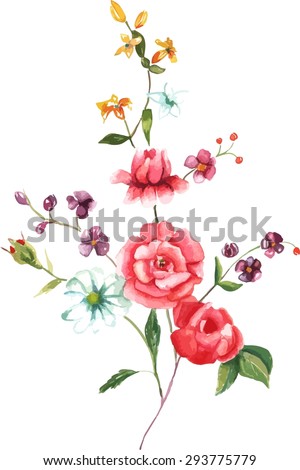 A vintage style watercolour drawing of a bouquet of roses and other flowers, scalable vector graphic