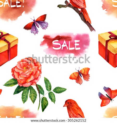 Vintage style seamless background pattern with watercolour drawings of a rose, a gift box, butterflies, a bright bird and the word \'Sale\'