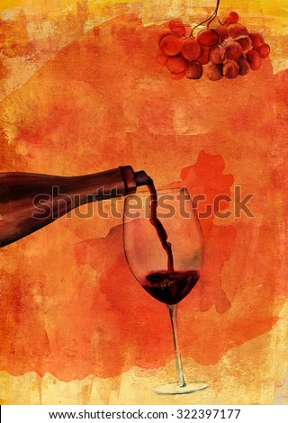 Watercolor drawing of red wine poured into a glass with the help of wine aerator, on bright golden artistic background texture, with branch of grapes, wine list cover design or poster