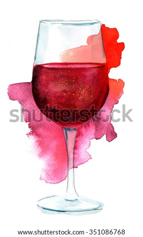 Wine collage with a watercolor drawing of a glass of red wine with a watercolor stain, on white background
