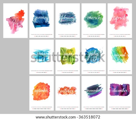 A scalable vector calendar for the year 2017, all on one page. Each of the twelve months and the cover is presented on a corresponding bright watercolor texture. There is a place for text and logos