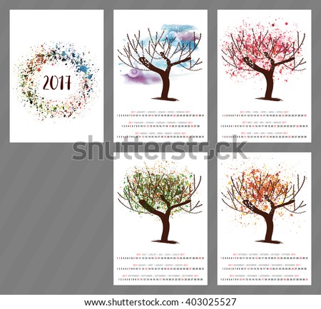 A scalable vector calendar for the year 2017 with a watercolor and vector drawing of a tree changing as the seasons change, with four pages and a cover with an abstract texture, with copyspace