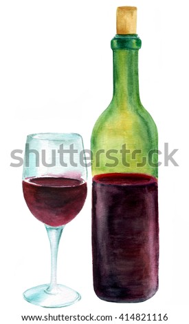 A watercolor drawing of a bottle and a glass of red wine, hand painted in a realistic manner on white background