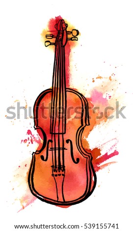 A freehand vector and watercolour drawing of a violin on white background