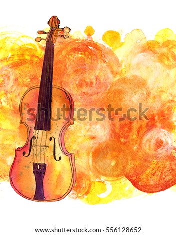 A watercolour and ink drawing of a violin on a golden background with a place for text