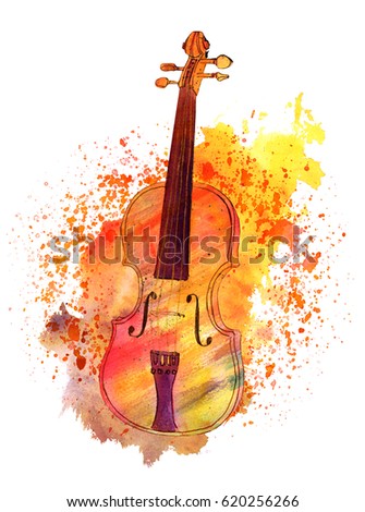 A watercolour and ink drawing of a violin with splashes of golden paint and copy space