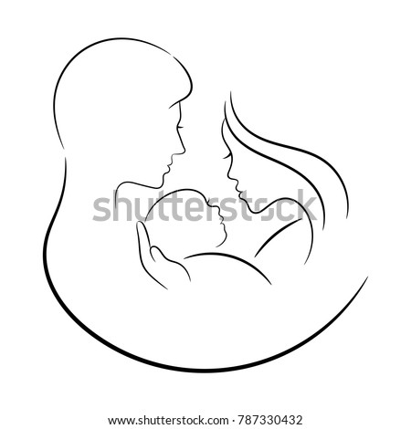 Contour drawing, family: mother, father and newborn baby