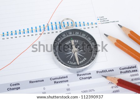 Compass helps to find right way to success in business. Compass needle point at word success, text bankruptcy in opposite site.