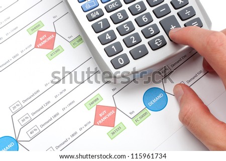 Making business decision about franchise (franchising). Printed decision tree and man calculating on calculator.