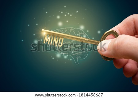Key to unlock mind to use personal potential to increase intellect. Creative open mind concept. Mentor, coach, psychologist and another leading person has a key to open hidden potential of mind.