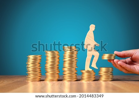 Economic growth stimulus in post-covid-19 era. Concept with coins, person rising on coins and helping hand with coins. Ppolitician stimulate economy for GDP growth in after covid-19 crisis.