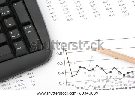 Concept of market share analysis - pencil; graph; sheet with numbers and keyboard