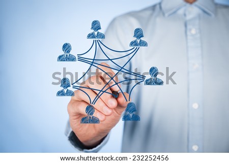 Social media, community and interpersonal connections concept. Man draw new connection in community.