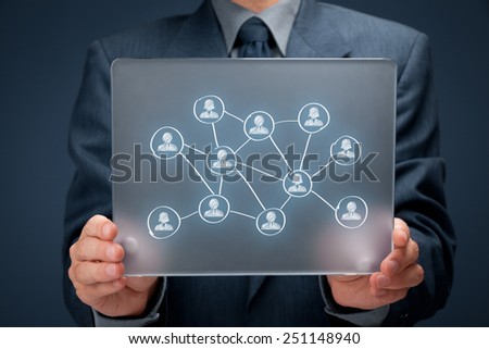 Social media, sales force and community concept. Man chow connections in community on futuristic tablet.
