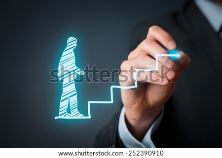 Personal development, personal and career growth, success, progress and potential concepts. Coach (human resources officer, supervisor) help employee with his growth symbolized by stairs.
