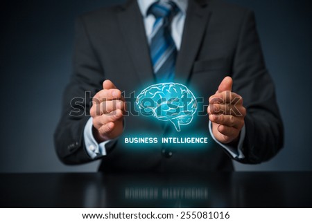 Business intelligence (BI) concept. Businessman with icon of brain and text business intelligence in protective gesture.