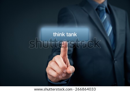 Think tank concept. Businessman click on virtual button with text think tank.