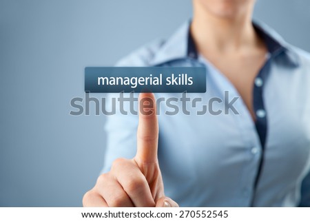 Managerial skills (human skills, technical skills, conceptual skills) training concept - woman click on button to purchase managerial skills course.
