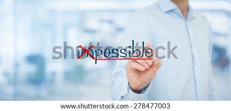 Possible or impossible? Businessman change negative think to positive. Wide banner composition with office in background.