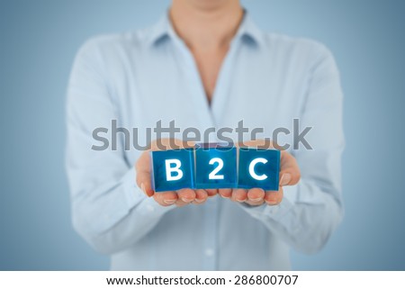 Business to consumer (B2C) concept. Businesswoman offer B2C solution represented by blue cubes.