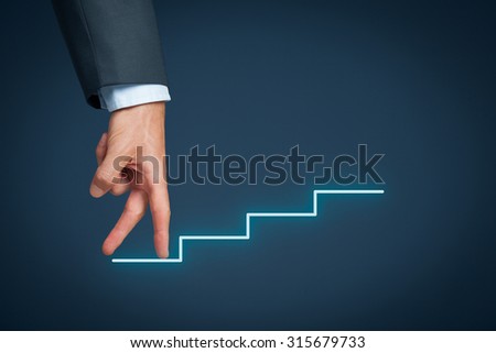 Personal development, personal and career growth represented by hands climbing sketched stairs.
