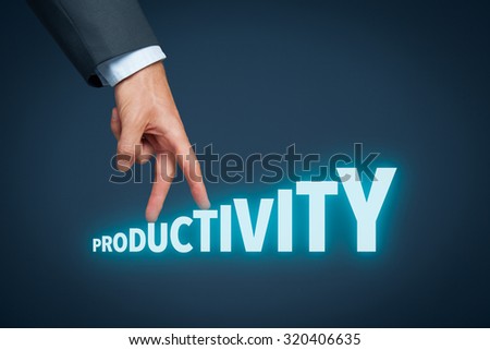 Increase personal or company productivity concept. Businessman represented by hand rise on increasing letters on word productivity.
