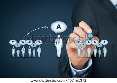 Influencer, opinion leader, team leader, CEO and another business leading concepts. Opinion leader (for example politician) has power to influence opinion mass of people especially customers. Photo stock © 