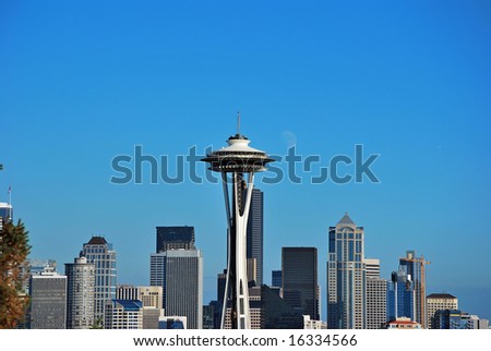 Seattle Space Needle with blue sky and copy space.