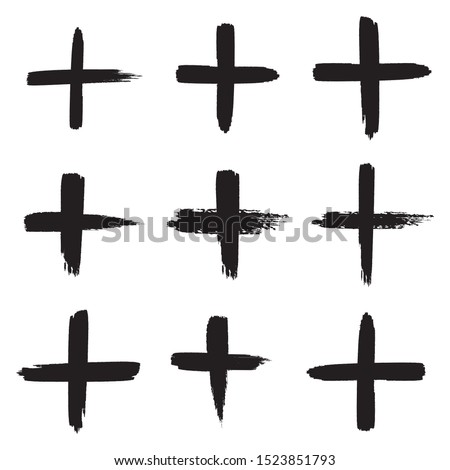 Plus sign collection, hand painted plus symbols, black isolated on white background, vector illustration.