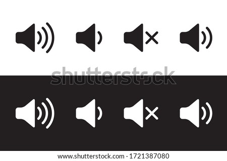Sound icon, volume symbol, speaker sign, audio control icon set, black and white, vector illustration.