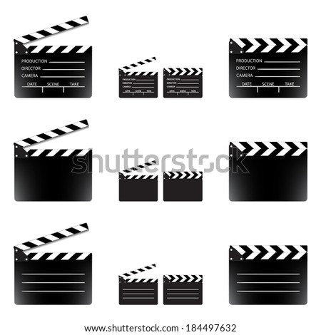 Movie clapper board set, isolated on white background, vector illustration.