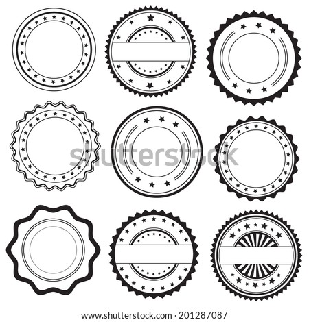 Stamps and decorative stickers icons, set, graphic design elements, black isolated on white background, vector illustration.