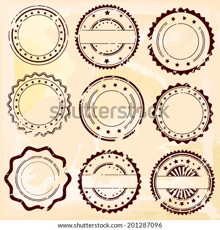 Grunge rubber stamps and decorative stickers icons, set, graphic design elements, isolated on vintage pink background, vector illustration.