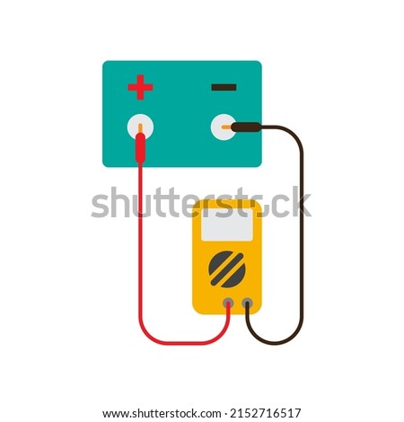 Car battery testing with multimeter, accumulator and voltmeter icon, color isolated on white background, vector illustration.