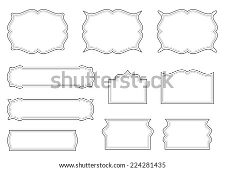 Empty blank vintage frame, set, romantic old style calligraphic design elements, outlined, detailed, black isolated on white background, vector illustration.