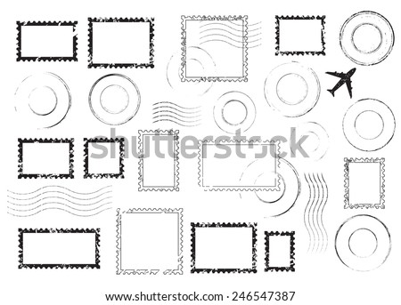 Set of postal stamps and postmarks, black isolated on white background, vector illustration. Foto d'archivio © 