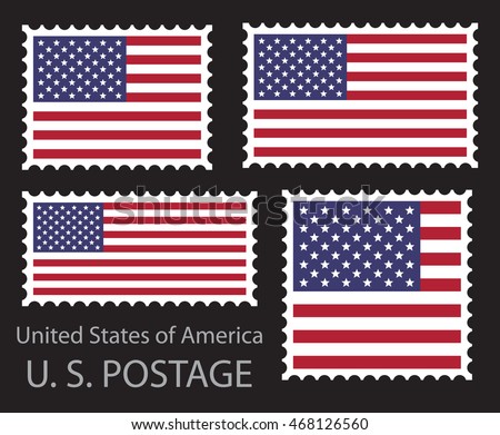 United States of America flag postage stamp set, isolated on black background, vector illustration.