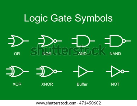 Digital logic gate symbols, white isolated on green background, vector illustration.