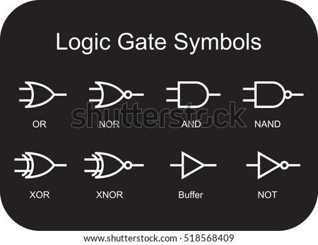 Digital logic gate symbols, white isolated on black background, vector illustration.